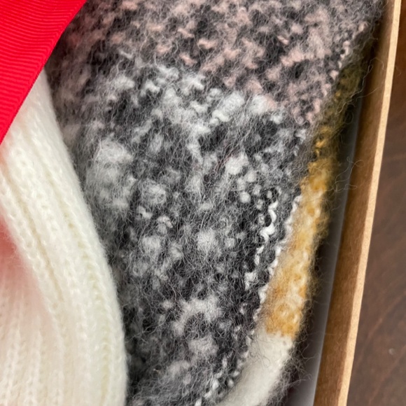 Lucky White faux fur pom winter hat & earthy red yellow tan grey gray scarf set - Picture 5 of 8